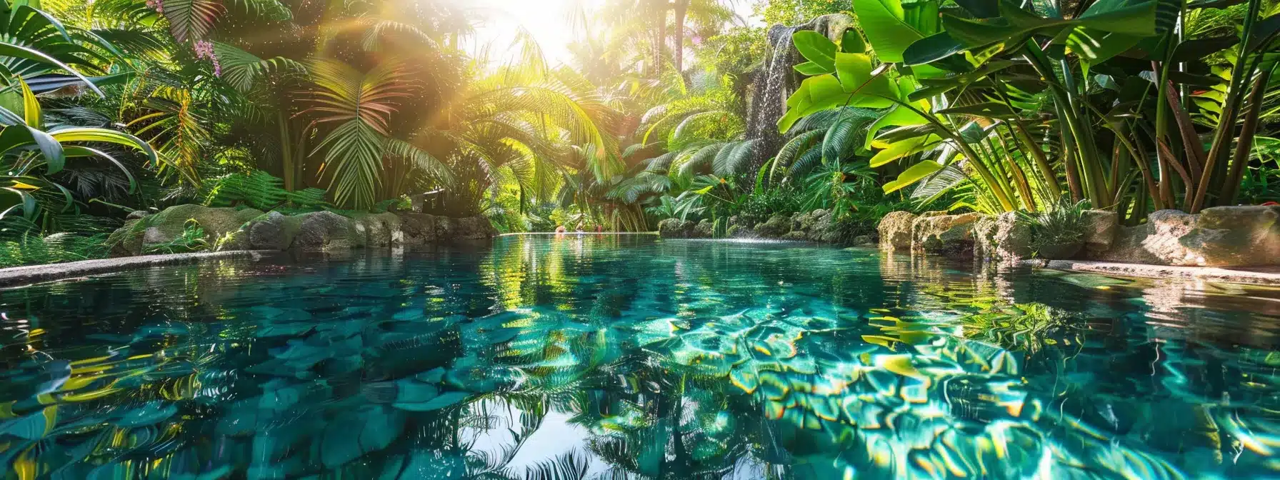 a a dedicated cleanings person met f14103b5 b386 499a 8ec7 26c0fc858ec9 a dedicated cleanings person meticulously scrubs the glistening surface of a crystal-clear pool, surrounded by vibrant tropical foliage that reflects the bright sunlight.