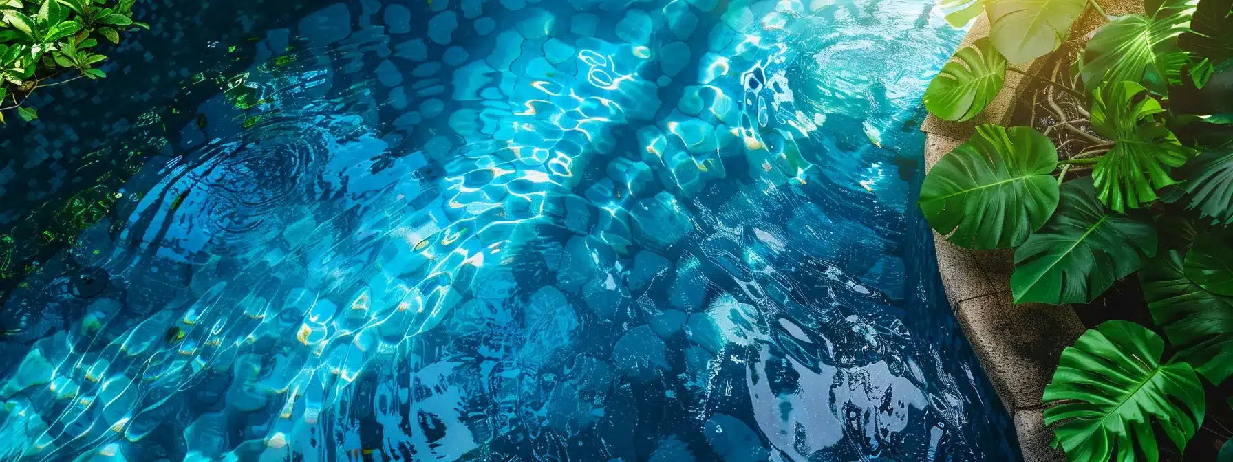 a a pristine shimmering blue pool a477b5af c3f1 47b0 bb07 f7ff458b5428 a pristine, shimmering blue pool reflects the bright sun, surrounded by lush greenery, while a diligent cleaning person meticulously tends to its spotless surface.