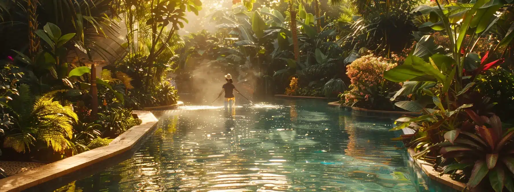 a a vibrant scene captures a 789e1fc9 c9fe 45b3 99ce 6f789acc99f4 a vibrant scene captures a dedicated cleaning person meticulously scrubbing a crystal-clear, spotless pool under the warm glow of the sun, surrounded by lush greenery.